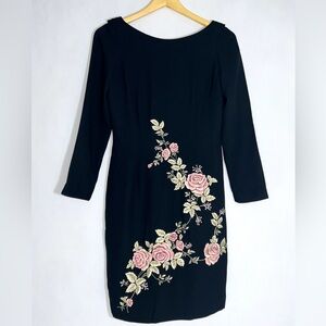 Maggie London Dress Midi Sheath Black Floral Embroidery sz 6 Petite